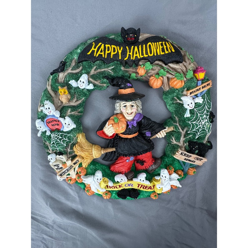 Jaimy Halloween Wreath Resin Witch Ghosts Pumpkins‎ Black Cats Owl Bat 12.5" Vtg - Picture 2 of 8